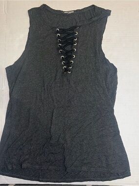 Sleeveless Lace-Up Tank Top in Charcoal Gray